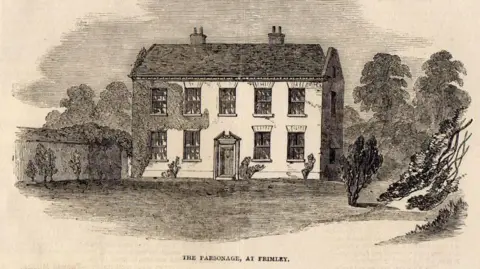 A black and white printed drawing of a large house surrounded by plants and a fence. A caption printed beneath says The Parsonage at Frimley.