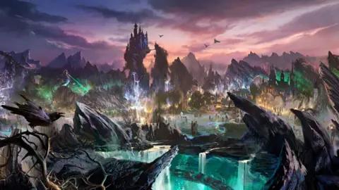 Disney An artists impression of a dark and sinister-looking area set to be built at Magic Kingdom in Florida. Scary-looking birds are seen observing the new land. There are dark colours and flashes of green and purple light. At the centre there is a large tower overlooking the area.