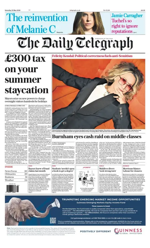 The headline on the front page of the Daily Telegraph reads: "£300 tax on your summer staycation."