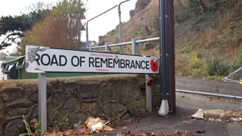 The image shows a road sign reading "Road of Remembrance", with a poppy at the end of the sign. Behind it is a small stone wall, and metal rails sectioning off the road.
