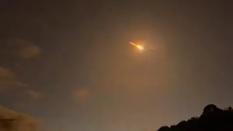 A meteor burning across the night sky with a small dark patch of trees in the bottom right hand corner of the frame