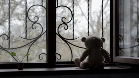 A brown teddy bear looks out of a window with its back to the camera