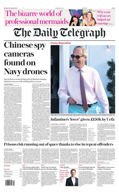 "Chinese spy camera found on Navy drones," reads the headline on the front page of the Daily Telegraph.