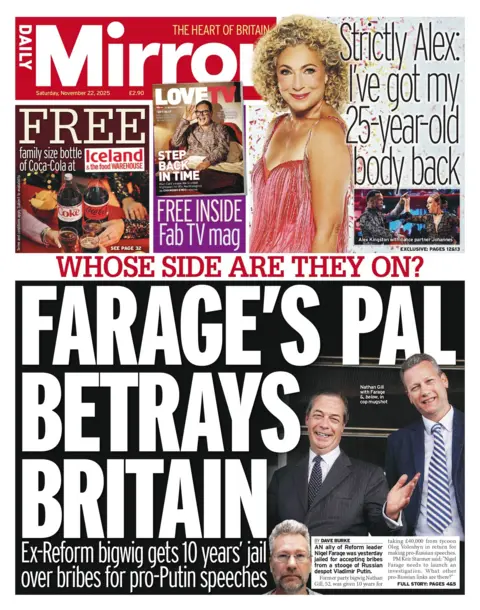The headline on the front page of the Daily Mirror reads: "Farage's pal betrays Britain". 