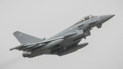 Typhoon aircraft departing from RAF Coningsby, Britain, 06 March 2026.