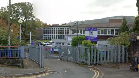 Google Exterior of Lewis Girls' School, a large relatively modern building with railings surrounding it