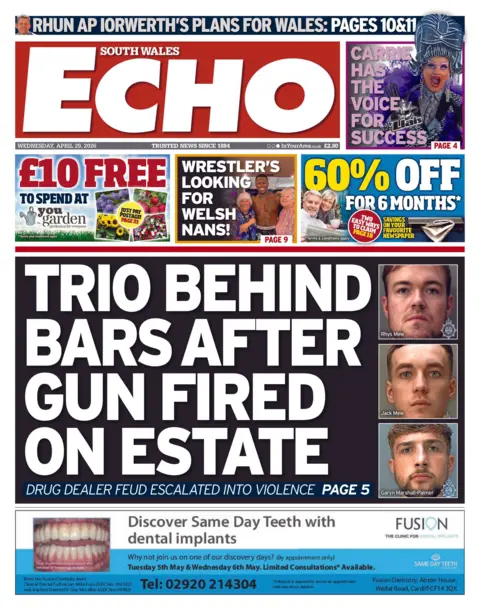 South Wales Echo Front page of the South Wales Echo. The headline reads 'trio behind bars after gun fired on estate'.