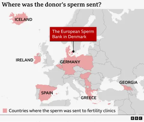 O Mapa da Europa destaca os países onde as clínicas de fertilidade utilizam esperma de doadores, mostrando Dinamarca, Bélgica, Espanha, Islândia, Alemanha, Grécia, Chipre, Macedónia do Norte, Geórgia, Hungria, Irlanda, Polónia, Albânia e Sérvia. 
