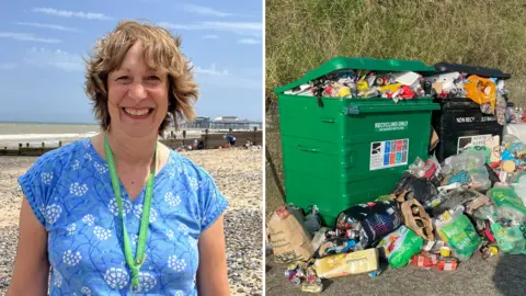 A composite of two pictures side by side. On the left is a picture of Jill Boyle standing on the beach at Cromer. She is looking directly at the camera and smiling. She is wearing a blue floral patterned T-shirt with a green lanyard round her neck. The picture has been taken on a sunny day and the pier is behind her. On the right is a picture of a black and green bin with rubbish flowing out of it and onto the floor surrounding it