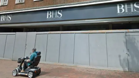 Google A google streetview of the boarded up BHS site on Calverley road Tunbridge Wells. A man in a scooter travels past in the foregroundooter