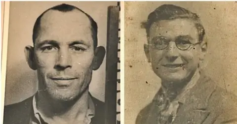 Sepia tinted images of the two Joes. Gillingham has short hair and is clean shaven. Tierney has slicked back hair and round glasses.