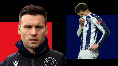 Split image showing Walsall boss Mat Sadler and West Brom winger Mikey Johnston with the latter covering his face with his shirt