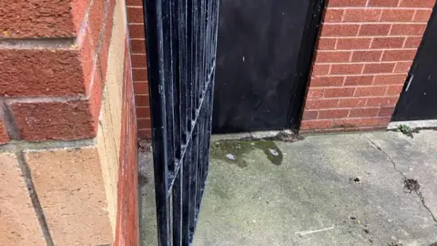 Vikki Irwin/BBC A brick wall, an iron gate and a black door. On the floor is a puddle of urine.
