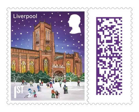 Royal Mail The special edition first-class Royal Mail stamp featuring an illustration of Liverpool Cathedral, with snow and people iceskating.