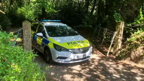 BBC A police car between two gate posts in the countryside.