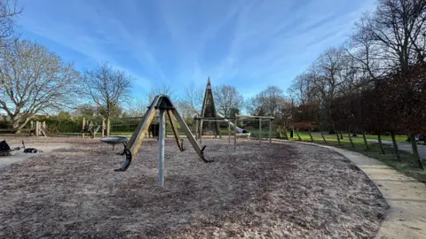 Play equipment in Riversley Park, Nuneaton. There are swings, a slide and a roundabout on bark chippings, with a blue sky overhead