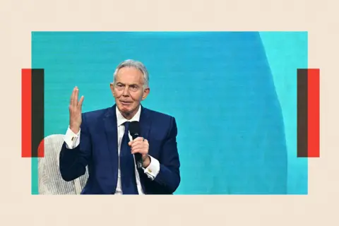 AFP via Getty Images Former British Prime Minister Tony Blair speaks as he attends a panel discussion during the Austrian World Summit in Vienna