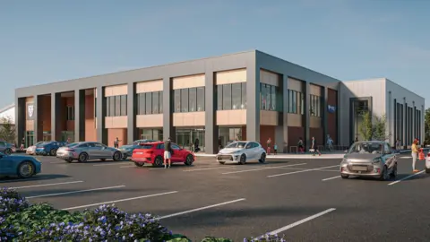 Shropshire Council/Roberts Limbrick A computer generated image showing a two-storey building, with cladded columns and large glass windows on the first floor. Cars in parking bays can be seen in the foreground.