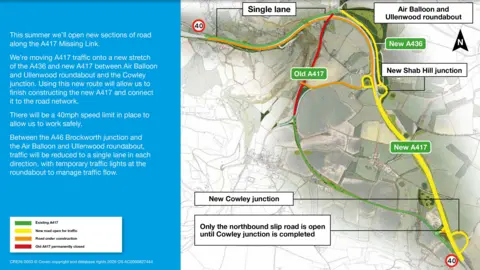 Missing Link project A map with a colourful key.  It shows how the new route looks on the map of the A417.