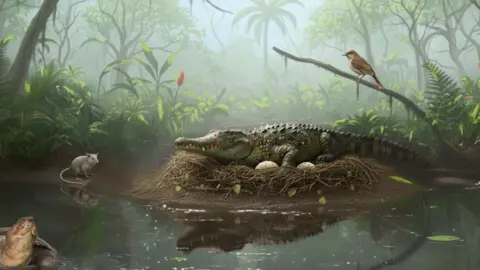 Panades et al 2025 (generated with Google Gemini AI) An AI-generated reconstruction of what a 'drop croc', or mekosuchine crocodile, on top of nest containing eggs on the bank of a pond in a forest with other animals seen around it