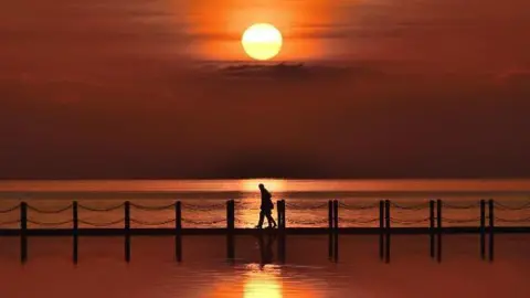 Roy C The moon is visible from a beach at sunset.