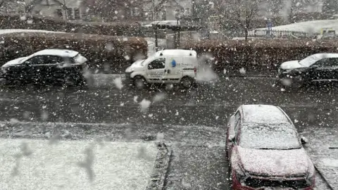 Maggie Welshie/ BBC Weather Watchers A snowy scene showing cars with a dusting of snow and a garden with snow-covered grass