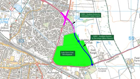 Oxfordshire County Council A map of Didcot shows where NPR3 will be built. The northern section, delivered by the county council is shaded in pink. The southern section, to be delivered by Bloor Homes, is shaded in navy. The road is shown to go east of the town, extending the A4130 down to Hadden Hill, by the golf course.