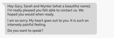 A WhatsApp message from Jack Hawkins reading: "Hey Gary, Sarah and Wynter (what a beautiful name). I’m really pleased you felt able to contact us. We hoped you would when ready. I am so sorry. My heart goes out to you. It is such an intensely painful feeling. Do you want to speak?"
