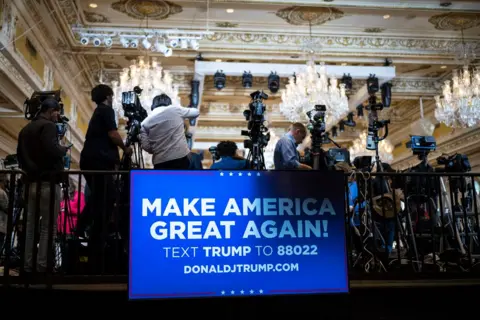 The Washington Post/Getty Images Media set up at Mar-a-Lago, before former president Donald Trump makes an announcement in Palm Beach, Fla., on Tuesday November 15, 2022. 