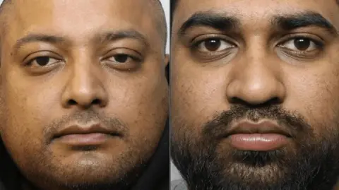 GMP Two police custody images side by side. On the left is a man in his late 30s with a shaved head and sort beard. On the right is a younger man with a longer black beard and longer black hair.