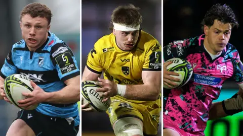 Cardiff's Tom Bowen, Dragons' Aaron Wainwright and Ospreys' Jack Walsh