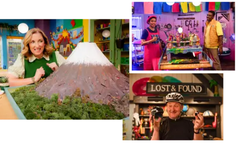 A collection of images from the new series of Balamory. Miss Hoolie (JULIE WILSON NIMMO) with the volcano model, PC Plum (ANDREW AGNEW) wearing a helmet and holding helmets and Ava Potts (DANIELLE JAM), Dr Ollie (CARL SPENCER) try the painting machine to make a new story book.