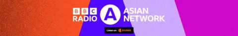A logo for BBC Asian Network written on a background of orange, blue, purple and pink. There is a 