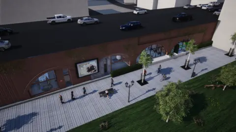 A computer generated brick building is visible, it has 4 large glass windows on its front. Cars are driving on the black roof. In front of the building is a grey path with people and trees done it. There is an area of grass in front of the path.