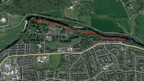 A Google maps image showing the position of the footpath next to the River Wharfe in Ilkley and the section which will be closing, marked with a red line. 