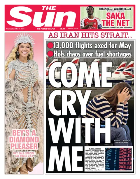 The headline on the front page of the Sun reads: "Come cry with me." 
