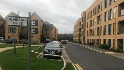 Alex Stevanovic/BBC Road with houses and three and five-storey flats surrounding it. There is a grassed area in front of the properties with a footpath winding through it, with young trees and a low wooden fence next to the road in the foreground