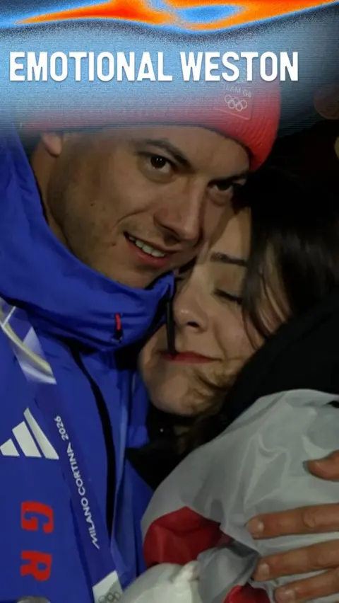 Matt Weston celebrating with his fiancé