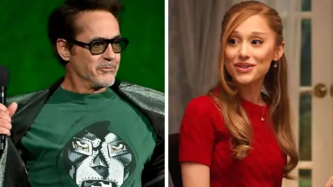 A composite image shows on the left Robert Downey Jr opening his jacket to reveal aT shirt showing the masked face of his caharacter Doctor Doom while onstage at CinemaCon, and on the right a still from the film Fockers in Law showing Ariana Grande smiling and looking to the left of frame during a scene indoors.