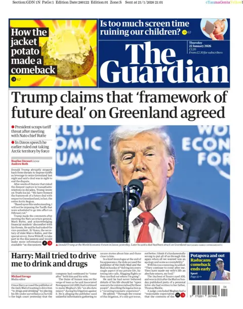 The headline on the front page of the Guardian reads: "Trump claims 'framework of future deal' on Greenland agreed."