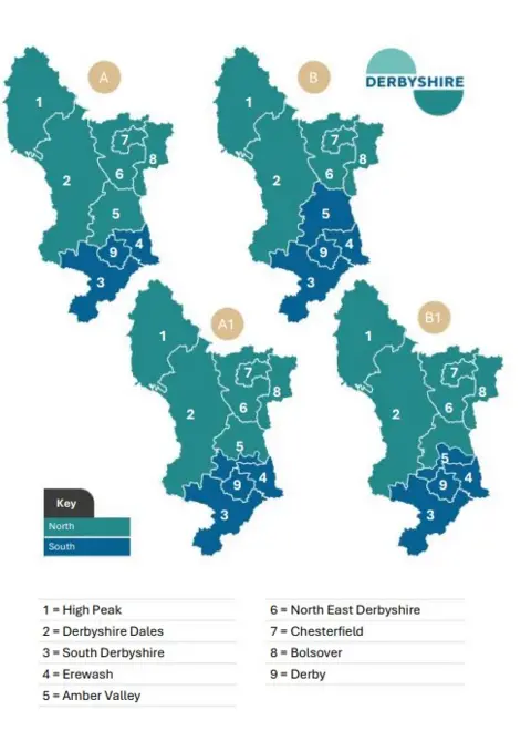 One Derbyshire, Two Councils Graphic image of four maps of Derbyshire showing the different choices for how to split the county in local government reorganisation. 