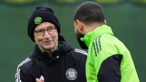 Martin O'Neill (L) and Cameron Carter-Vickers during a Celtic training session at the Lennoxtown Training Centre, on May 21, 2026, in Glasgow, Scotland
