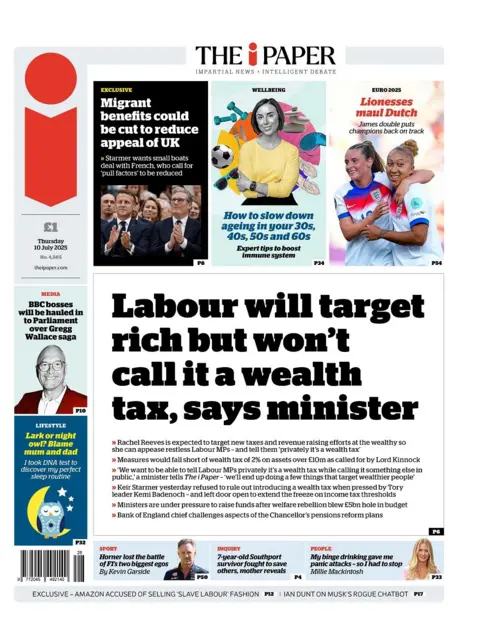 The front page of the i Paper for 10 July.