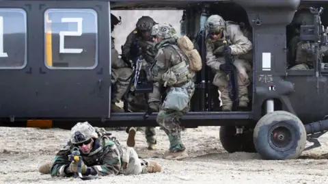 US soldiers from the 2nd Infantry Division participate in the joint Freedom Shield (FS) exercise with South Korean soldiers in Paju, South Korea, 16 March 2023.