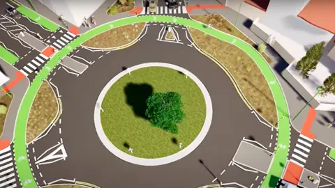 Jubb Illustration shows a green painted cycle lane around the edge of the roundabout and zebra crossings on each exit 