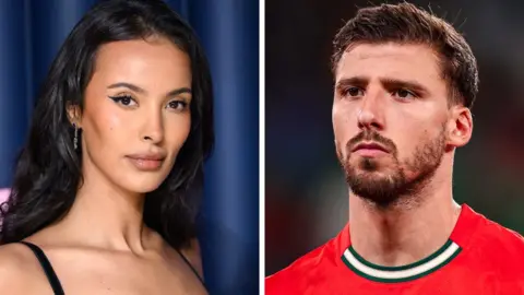 A composite image showing Maya Jama (left) wearing a black dress, and Ruben Dias (right) wearing a red football shirt