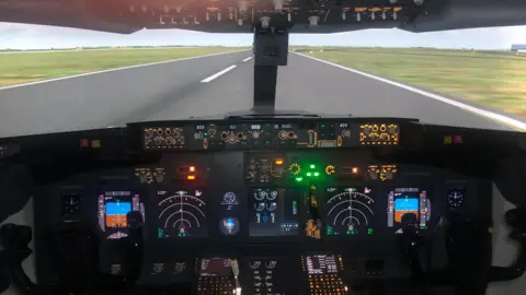 John Devine/BBC View from cockpit of flight simulator