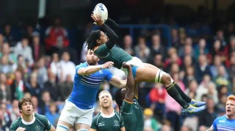 SNS A line-out at a rugby match between South Africa and Scotland - the South African player, in green jersey and white shorts, is catching the ball after being lifted by a team-mate while other team-mates and the opposition - wearing blue jerseys and white shorts - look on 