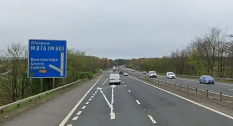 Google A motorway with a number of vehicles travelling on it. On the left hand side of the motorway is a sign for Glasgow, Bonnybridge, Denny and Falkirk