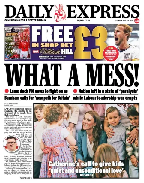 The headline on the front page of the Daily Express reads: "What a mess!"